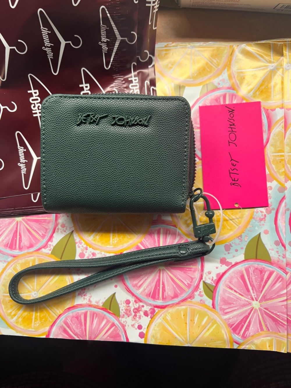 Betsey Johnson Hunter Green Textured Zip Wristlet